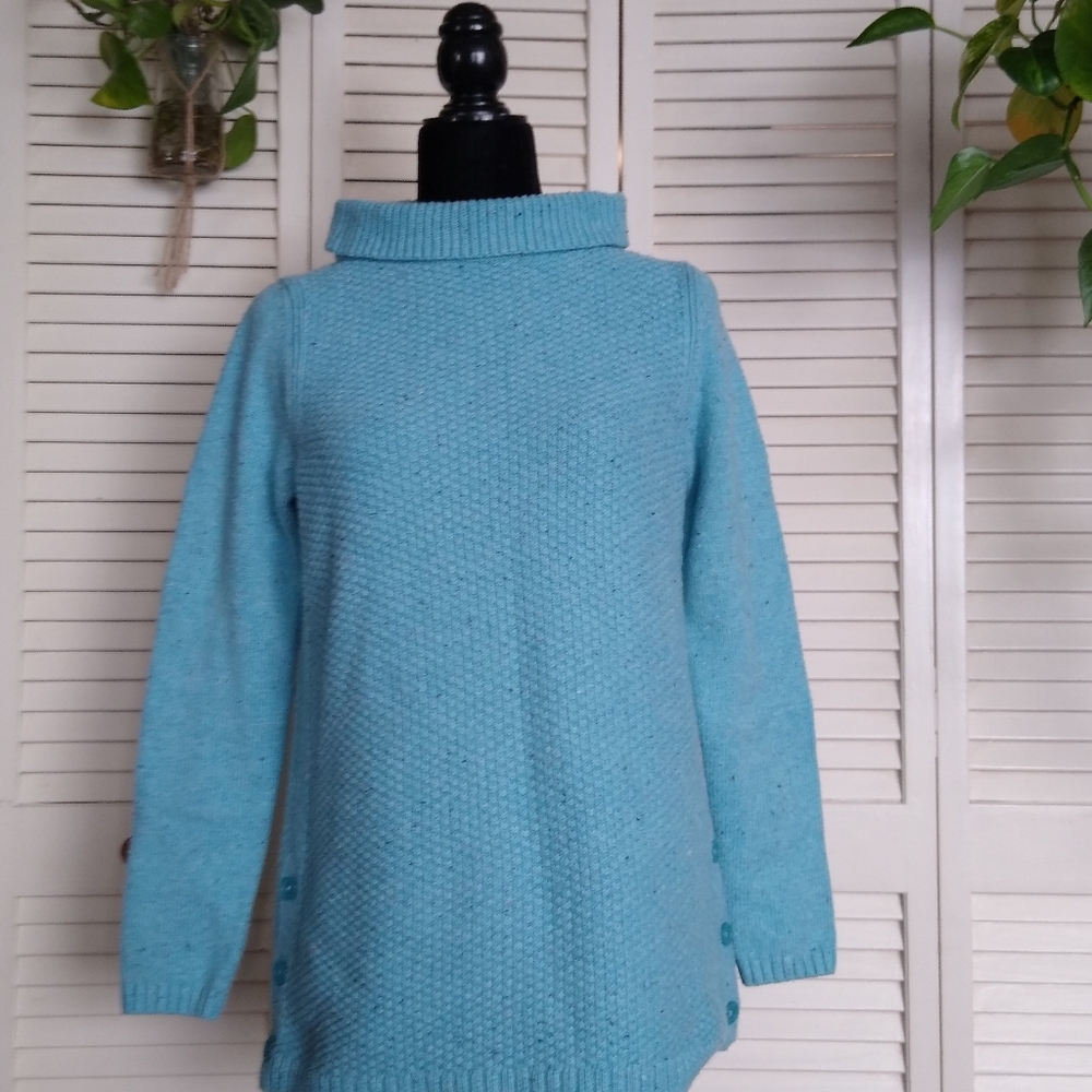 Talbots Mock Turtleneck Sweater Size Small Turquoise Speckled Side Buttons